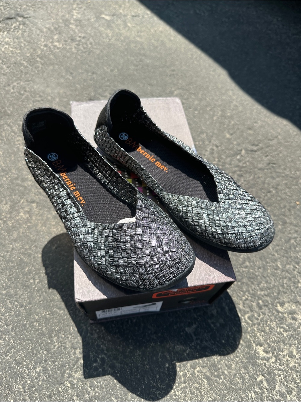bernie mev. Black shimmer Woven Slip-On Flats with Subtle Sheen
